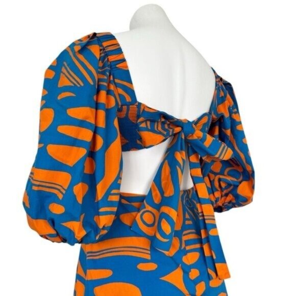 Alexis Bodhi Indigo Blue Orange Puff Sleeve Cut Out Mini Dress Size M - Picture 9 of 11